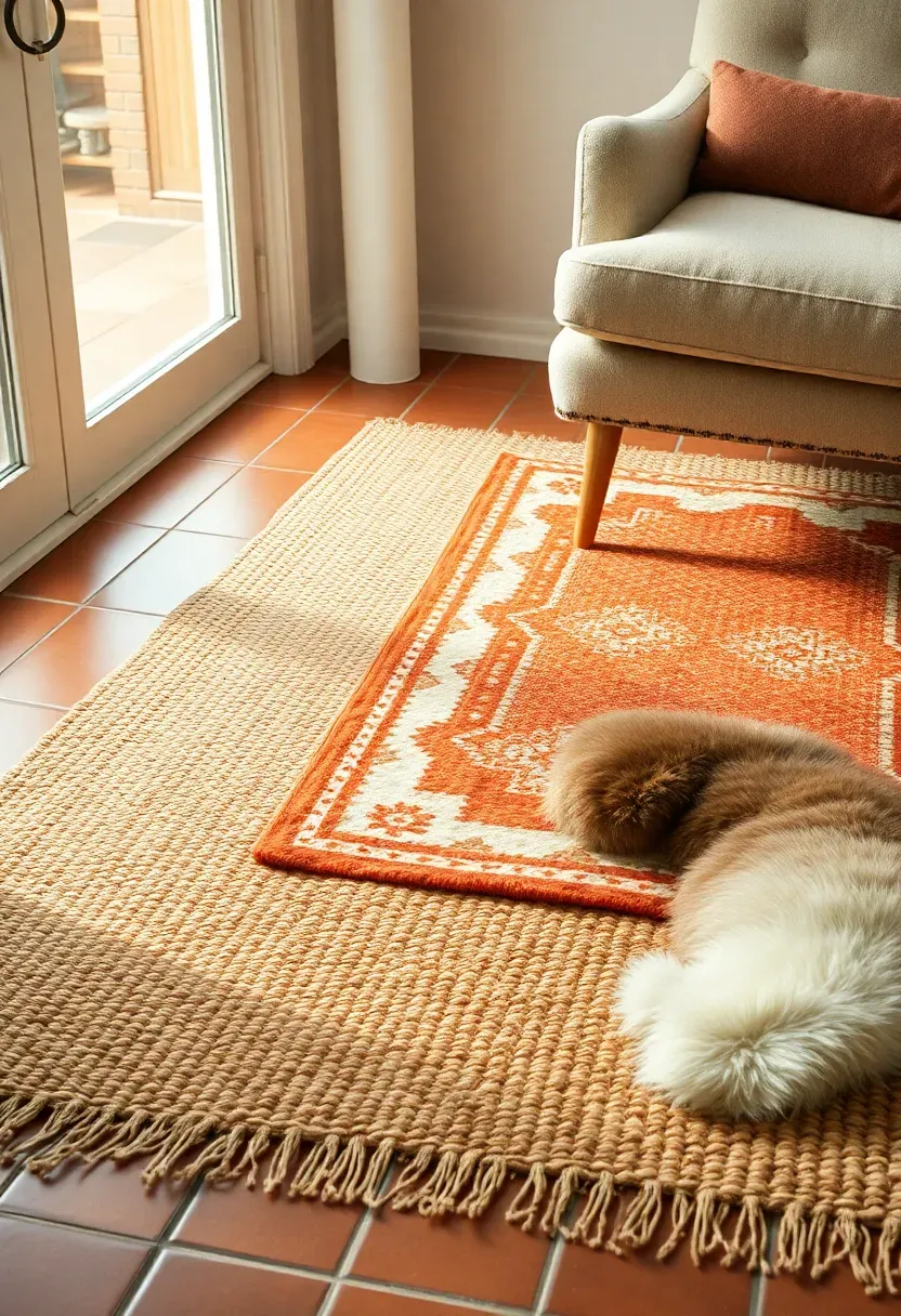 Sunroom floor with three layered area rugs in complementary earth tones, a jute base layer visible beneath a patterned kilim and a smaller sheepskin
