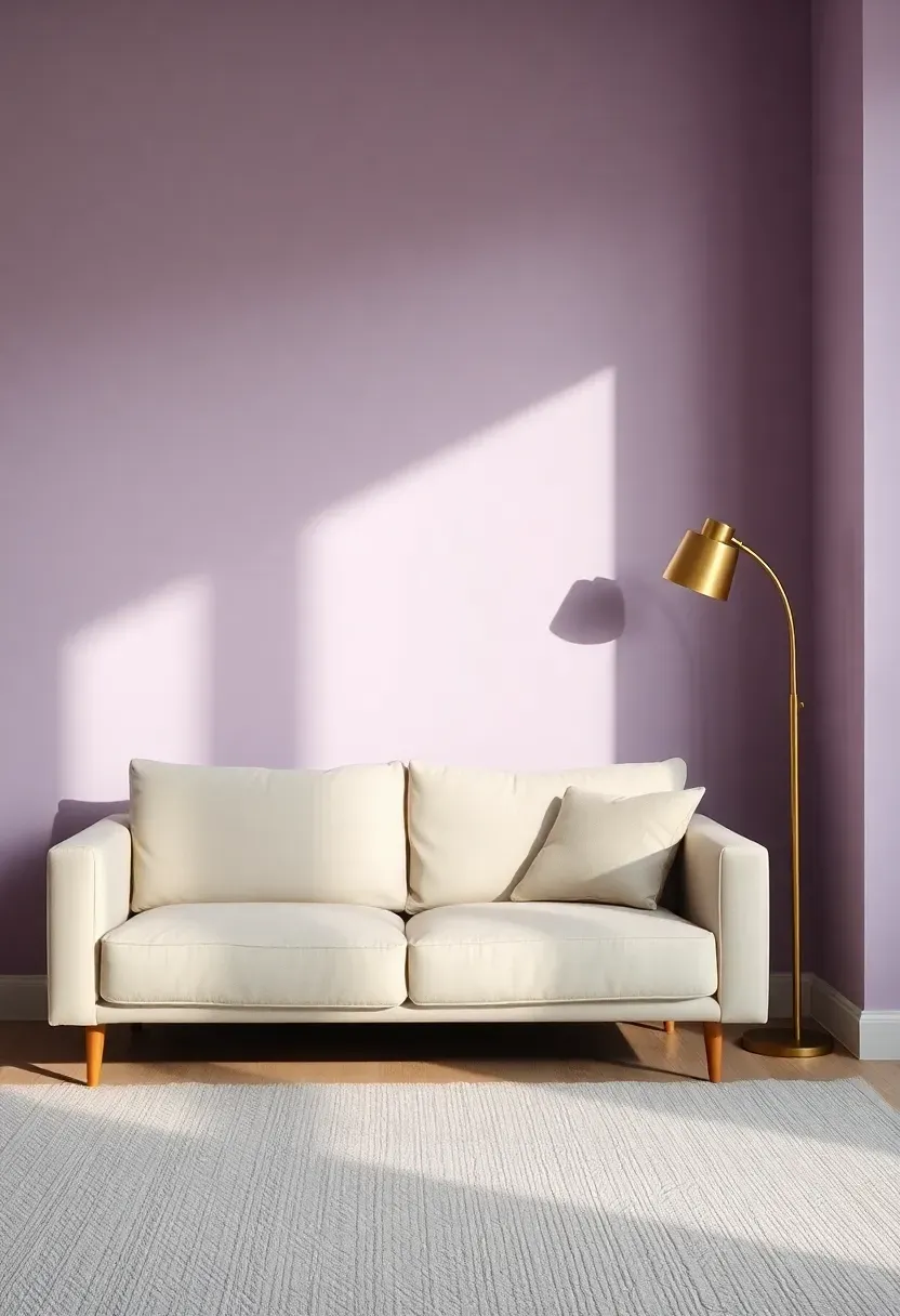 Hyper-realistic 3/4 view of a minimalist living room with lavender walls, cream linen sofa, brushed gold floor lamp, light gray rug. Materials: matte lavender paint, Belgian linen upholstery, brass metal, wool rug. Soft diffused light, luxurious shadows. Shallow depth of field, serene mood, minimal accessories. No text, no logos, no watermarks.</p>