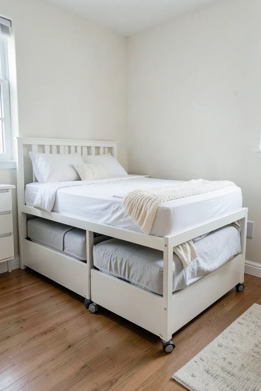 White trundle bed with pull-out second mattress on casters in a small bedroom, providing extra sleeping space for guests without extra footprint