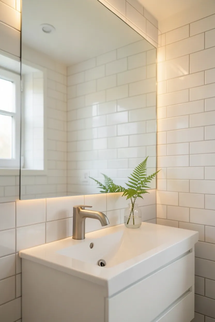 Oversized wall mirror above a vanity reflecting light and visually doubling the size of a small bathroom
