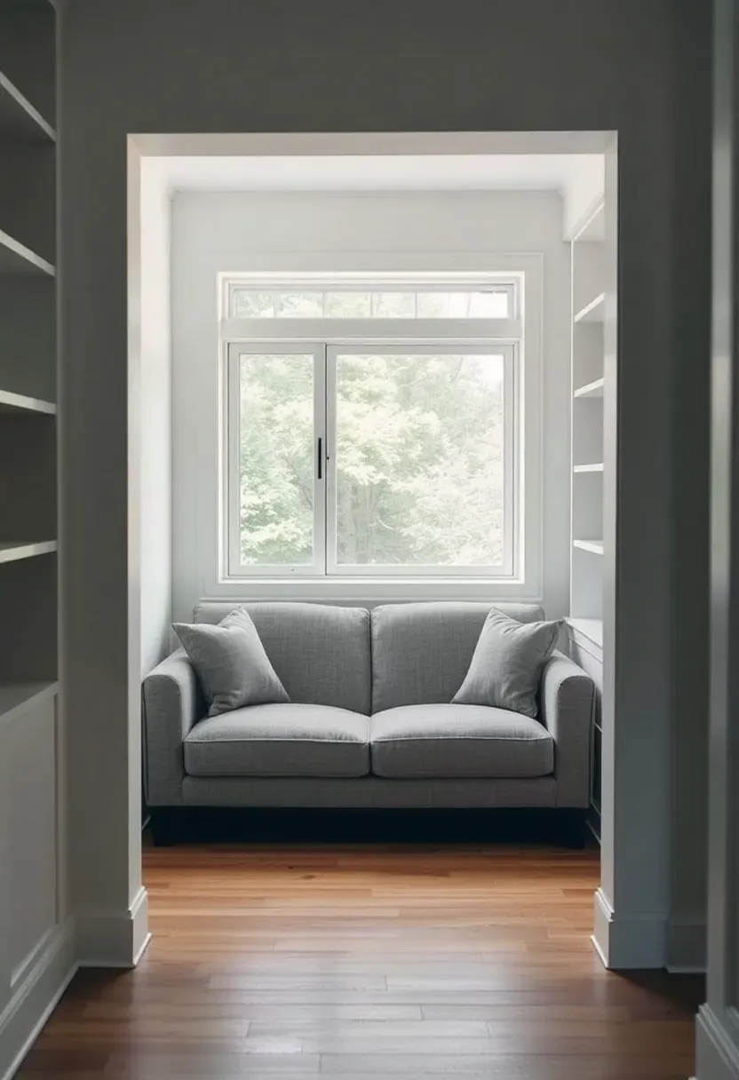 Hyper-realistic shot of alcove nook with gray sofa tucked into built-in recess, alcove features framing walls or partial walls creating room-within-a-room effect, perhaps built-in shelving on sides, window at back of alcove. Materials: light or medium gray upholstery, white walls, wood floor, built-in shelving painted white or natural wood. Natural light from alcove window, cozy defined mood. Sharp details on sofa and alcove architecture, composition showing nook-like quality, shallow depth of field, no text, no logos, no watermarks.</p>
