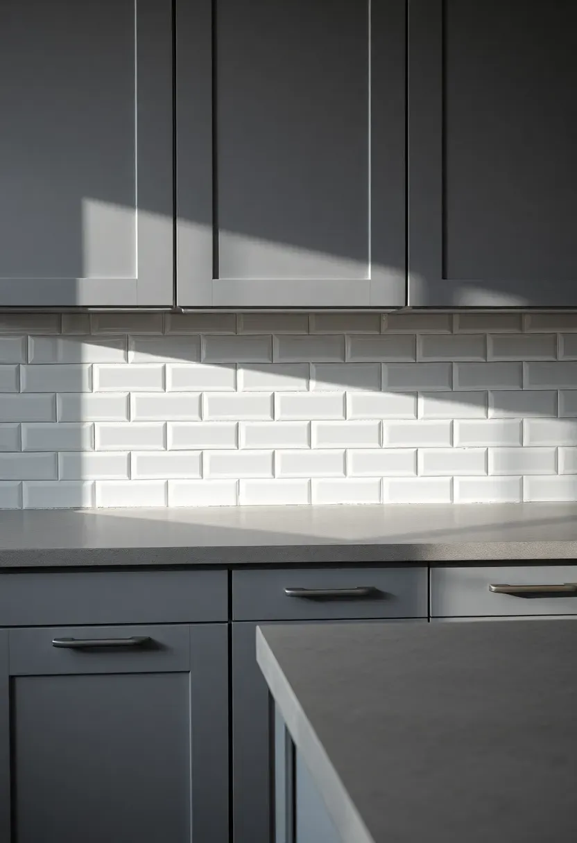 beveled edge subway tile used as border row at top of backsplash creating shadow line detail in contemporary gray kitchen