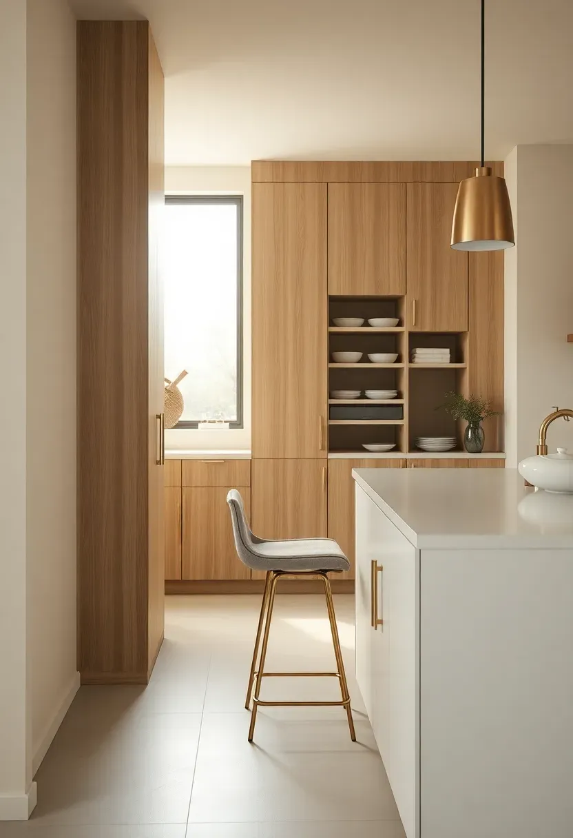 Task-lit open kitchen with tall pantry wall and stools