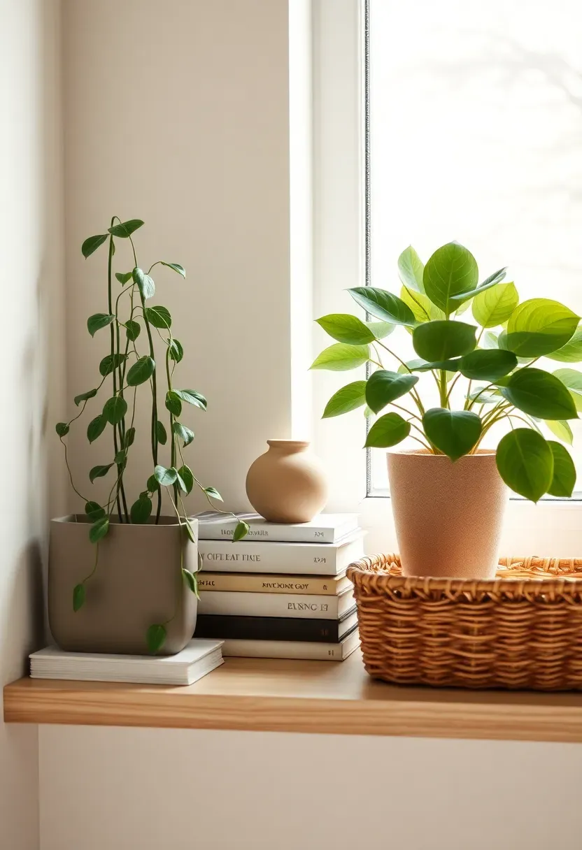 Shelf styled with a plant, ceramic vase, and a few books in a finished budget room