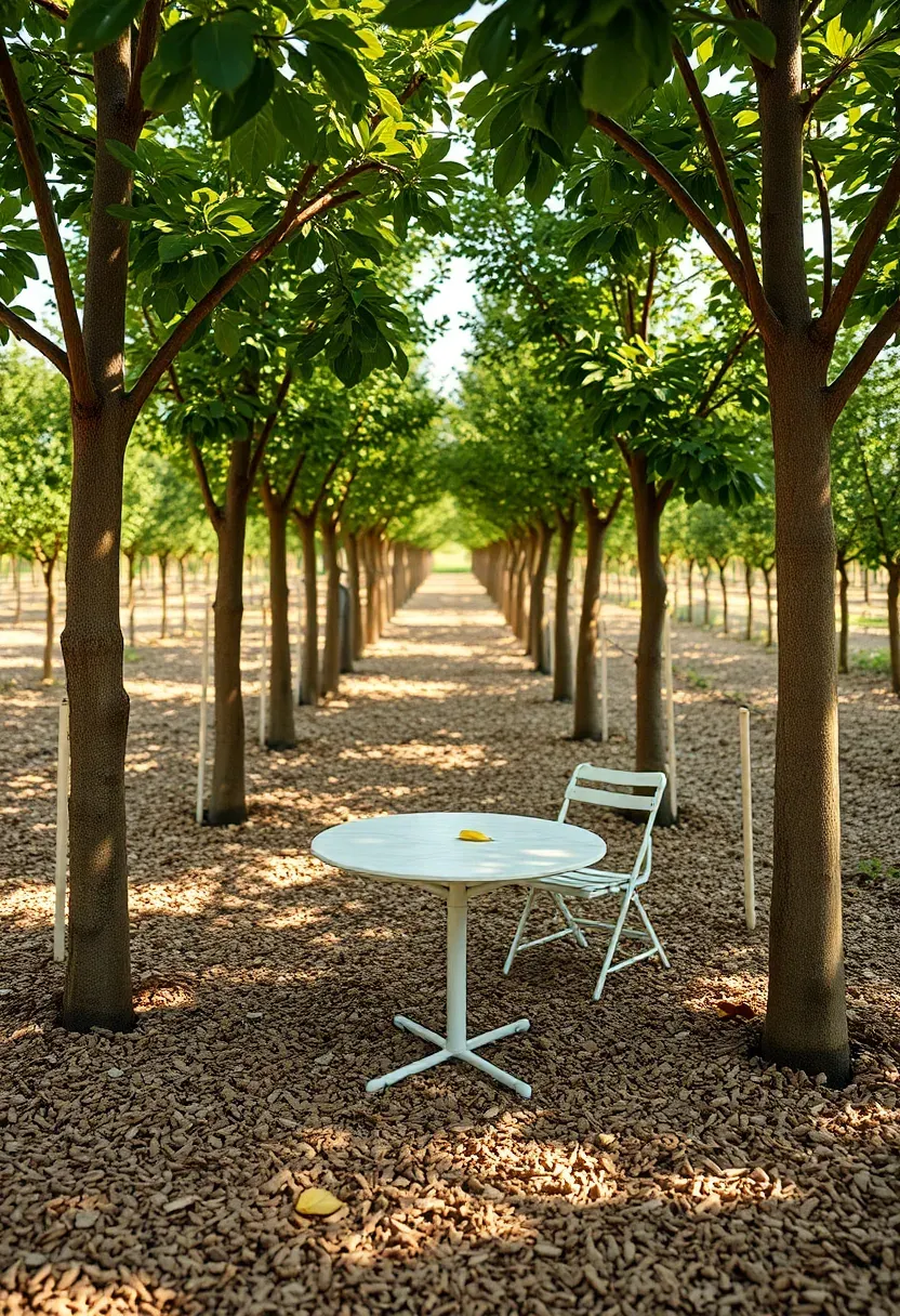 Small backyard orchard with fruit trees planted in a grid pattern with a bistro table and two chairs set beneath the canopy on a mulched floor