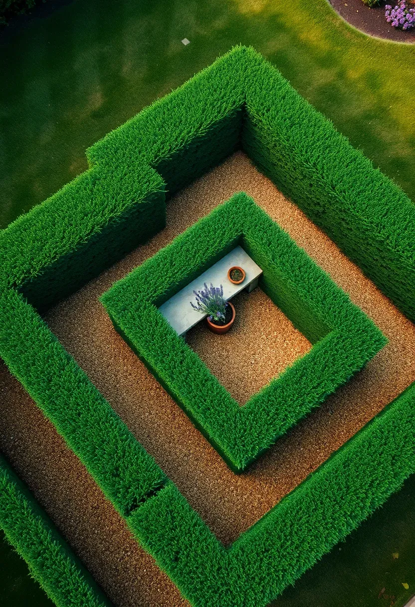 Aerial view of a backyard with precisely trimmed tall hedges forming a small geometric maze pattern with a seating nook at the center
