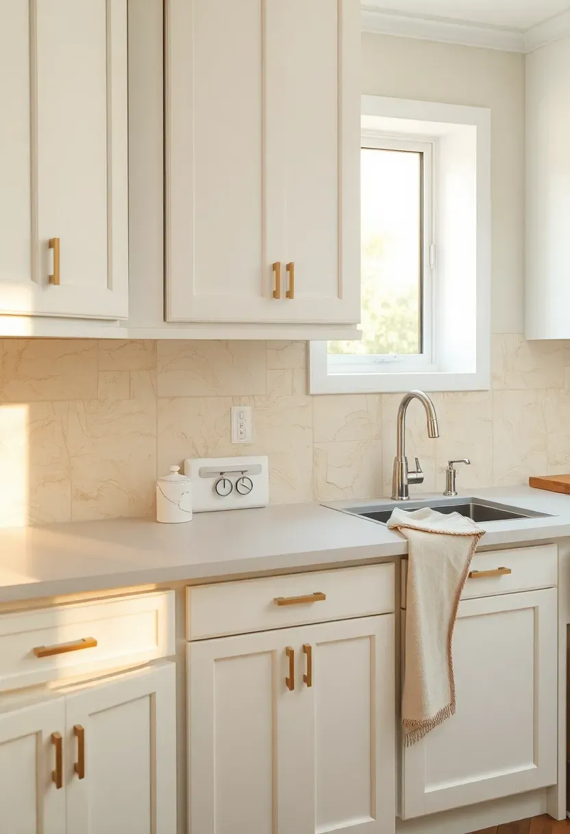 tumbled ivory travertine backsplash tile in running bond pattern with rustic edges in a warm white kitchen