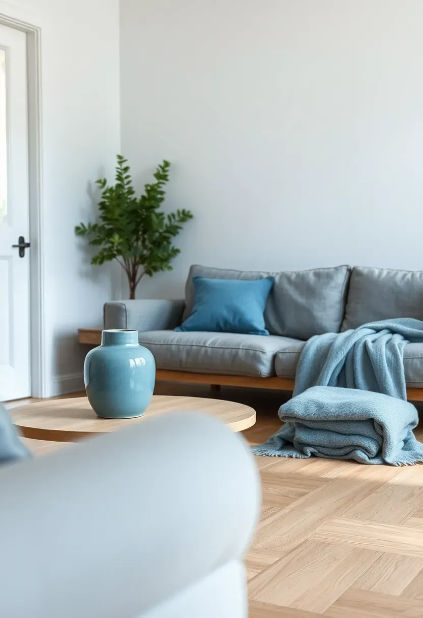 Hyper-realistic 3/4 view of a harmonious Nordic living room showing a neutral foundation with white walls, light wood floor, and gray sofa, accented consistently with soft dusty blue elements—two blue throw pillows on the sofa, a blue ceramic vase on the coffee table, and a blue throw blanket folded nearby. Materials: light oak flooring, matte white walls, linen upholstery, ceramic glaze in dusty blue, wool throw. Natural daylight with soft shadows showing how the accent color creates visual rhythm. Calm cohesive atmosphere with strategic color repetition. Shallow depth of field emphasizing seating area with accent pieces foreground and room context beyond. No text, no logos, no watermarks.</p>