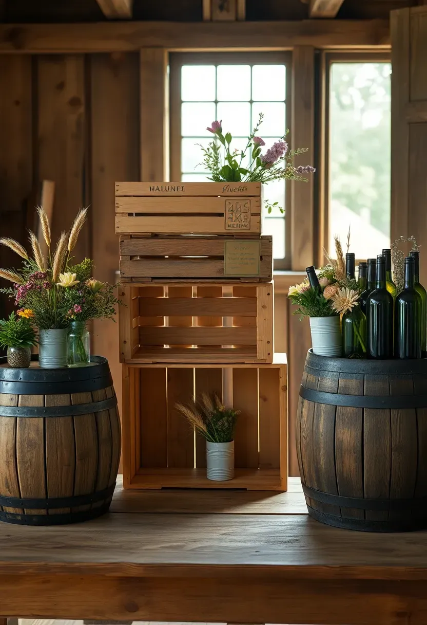 Vintage wooden crate and barrel flower bar with wildflowers and garden blooms in repurposed wine bottles and old tin cans at a rustic event
