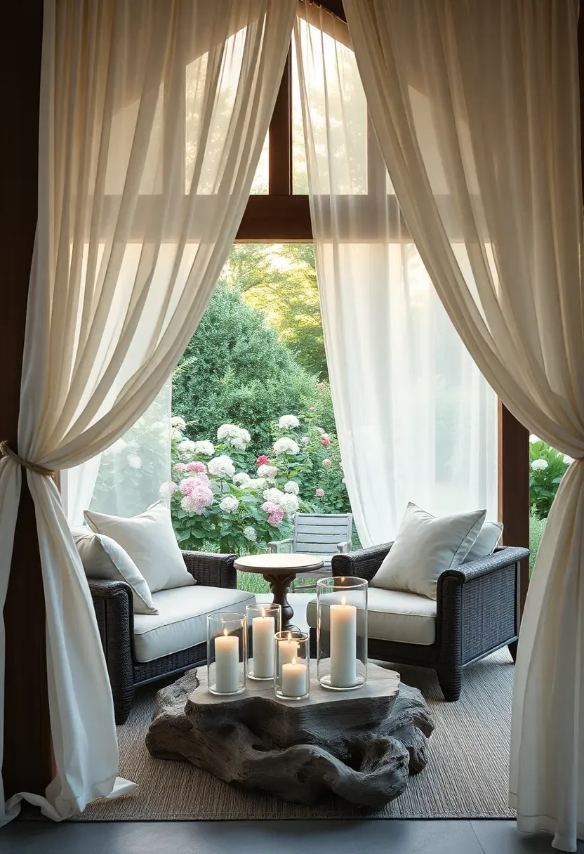 A backyard pavilion with flowing sheer white curtains tied to the corner posts, soft outdoor sofas inside, candle lanterns on a low table, and a lush garden visible through the fabric