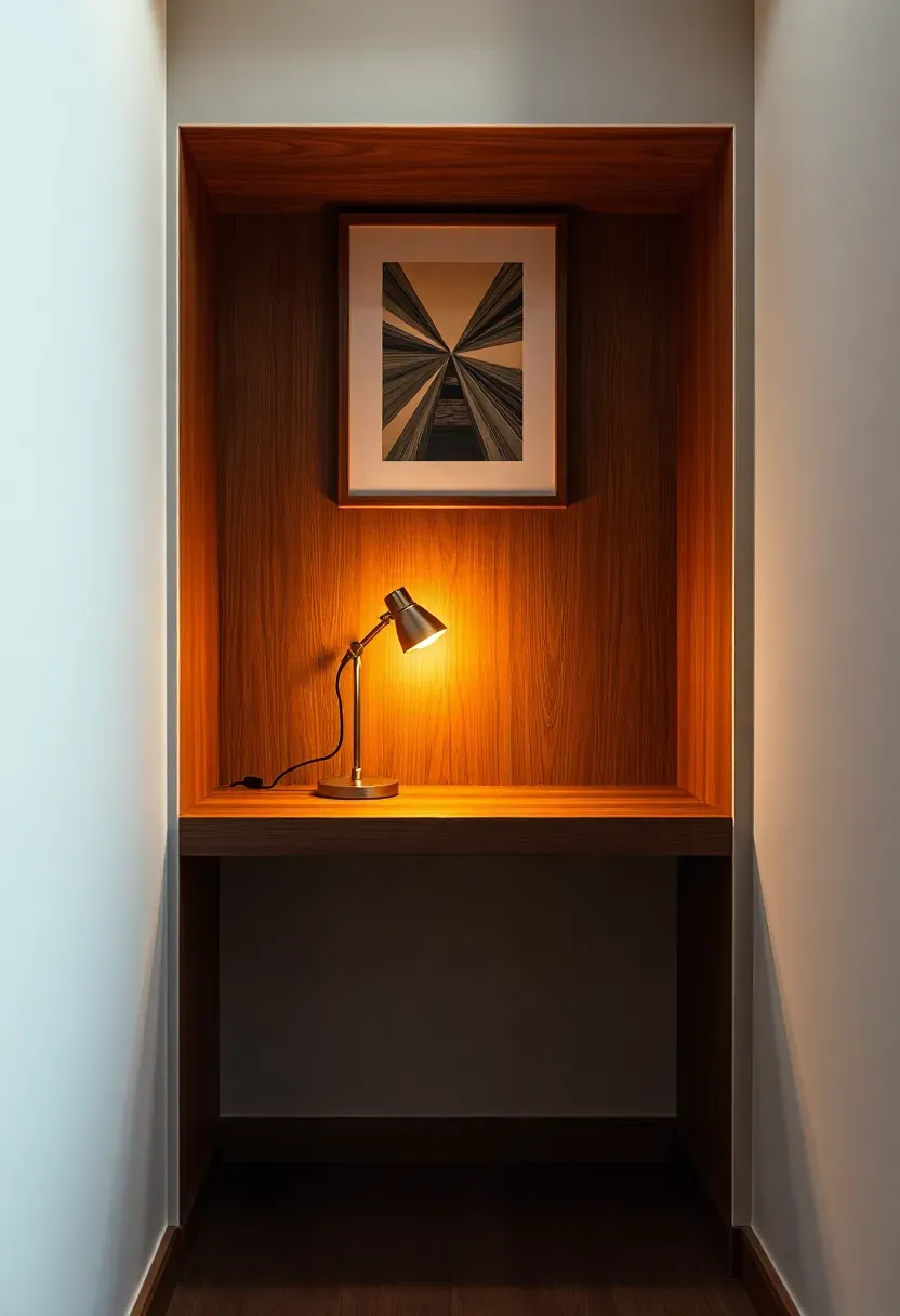 Cozy built-in desk nook with walnut surface, warm task lamp and framed print on wall