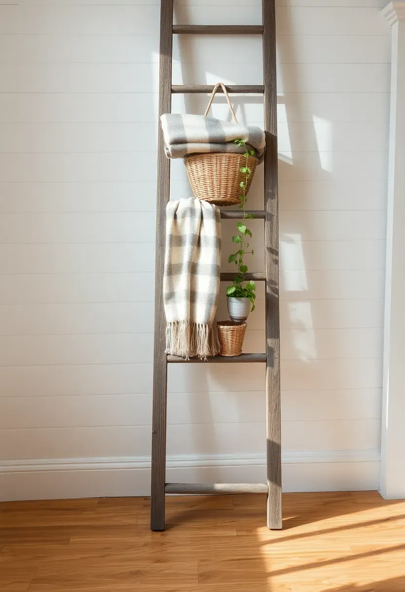 Vintage wooden ladder leaning against wall displaying quilts, baskets, and hanging plants