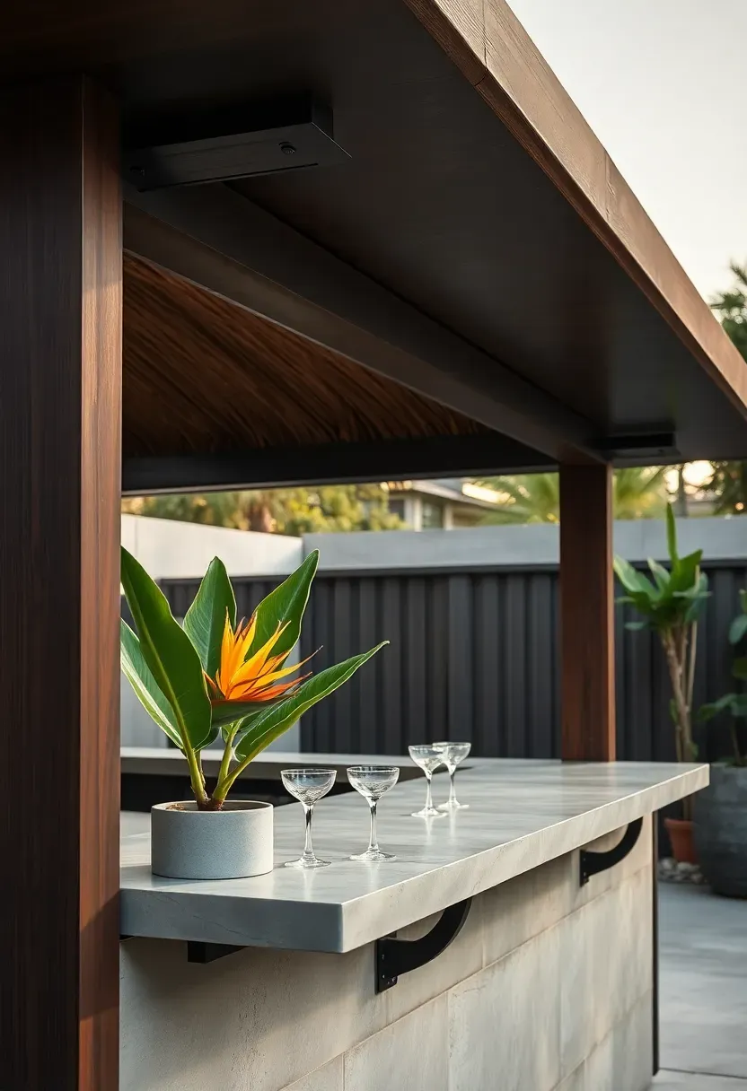 Sleek minimalist tiki bar with clean lines, dark stained wood, matte black hardware, and a single thatched roof accent panel