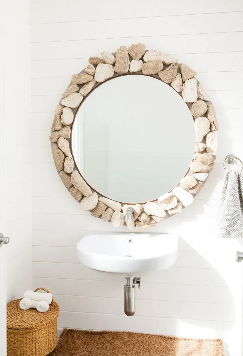 Round bathroom mirror framed in pale weathered driftwood pieces, hung in a coastal bathroom with shiplap walls and a woven jute rug