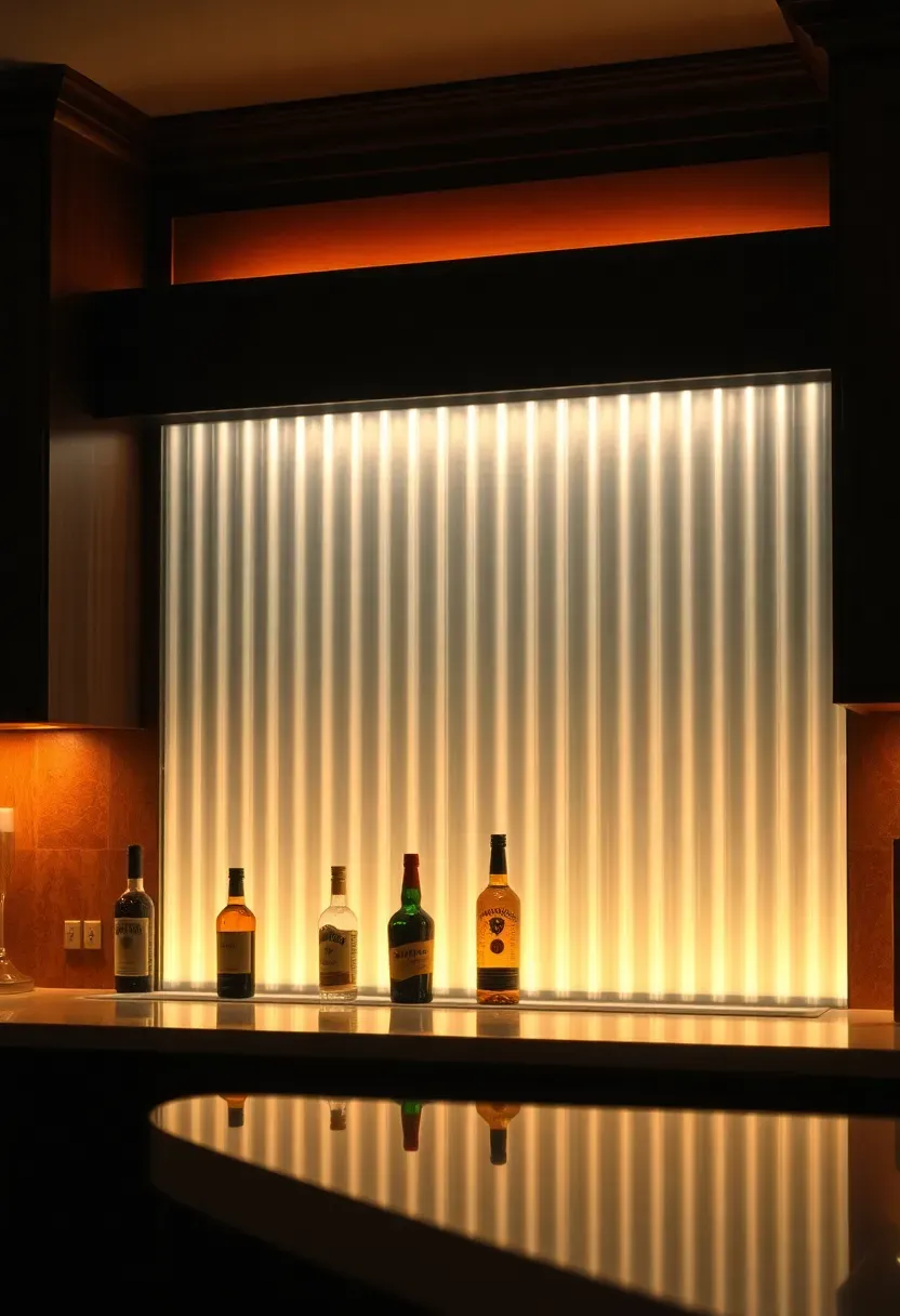 fluted glass panel backsplash behind a home bar with backlit LED lighting and dark cabinetry