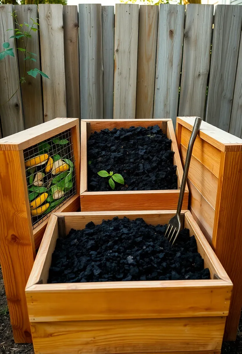A three-bin wooden composting station in a backyard corner with finished compost, partially decomposed material, and fresh kitchen scraps
