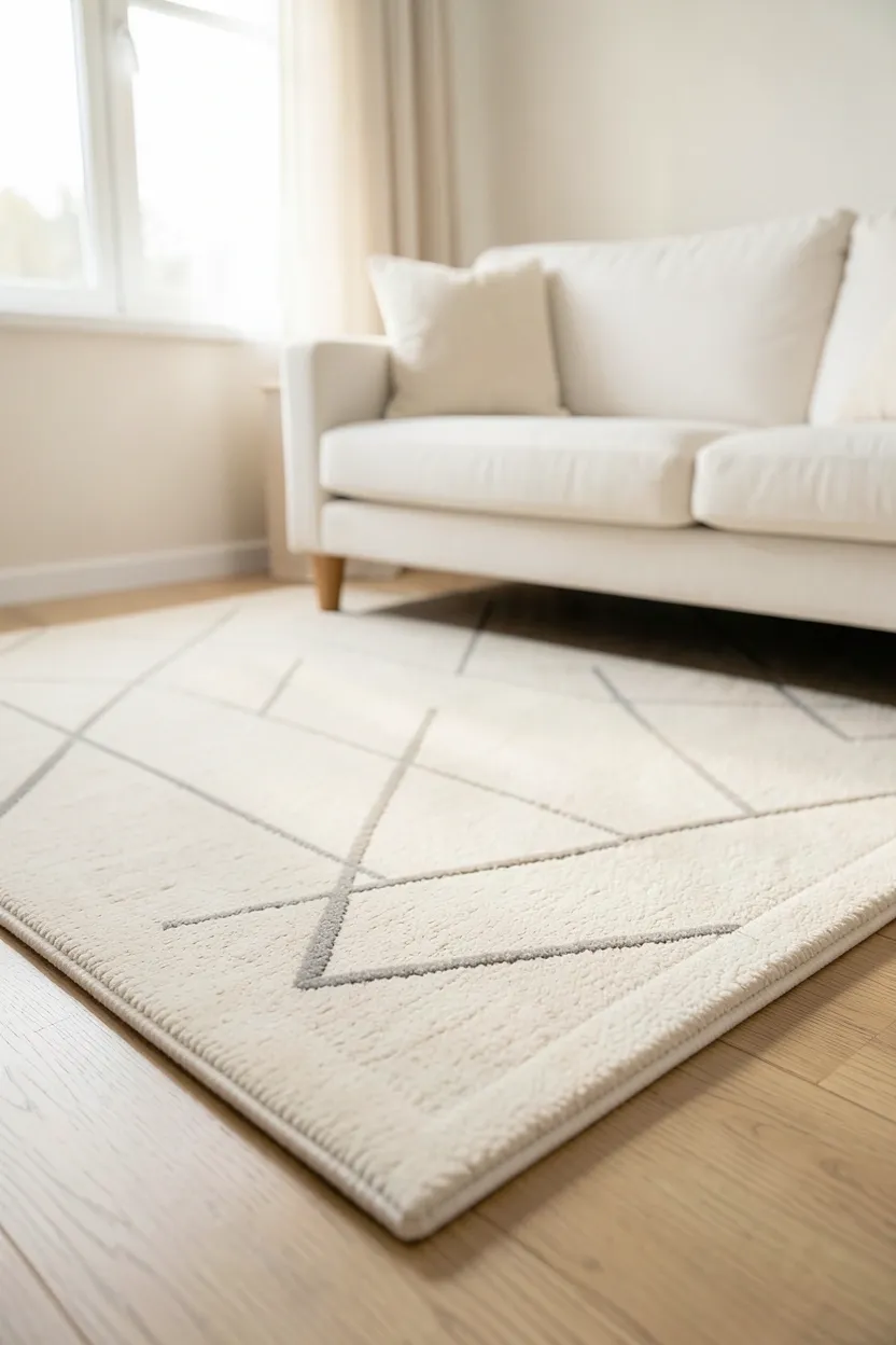 Cream wool rug with subtle geometric pattern anchoring furniture arrangement in a Scandinavian apartment living room