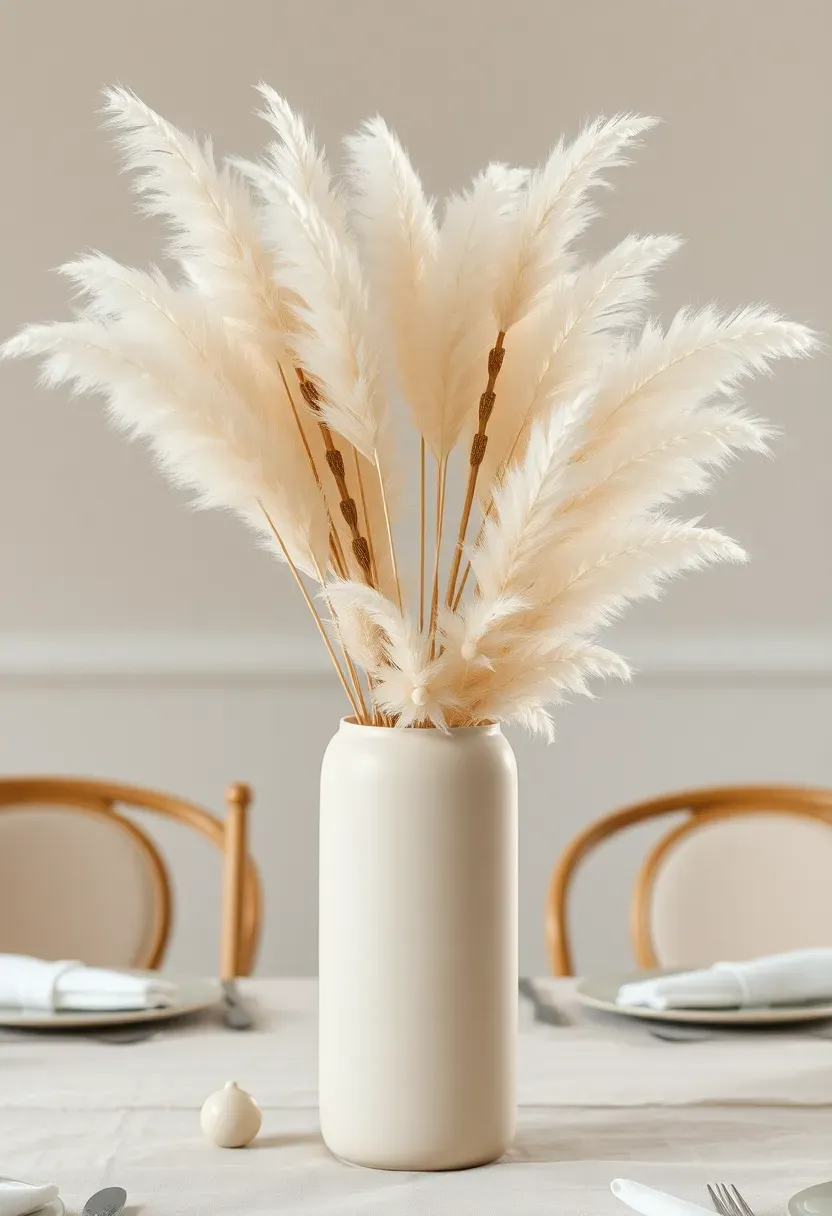 bohemian pampas grass cloud arrangement in a tall vase with dried flowers and feathers at a baby shower table setting