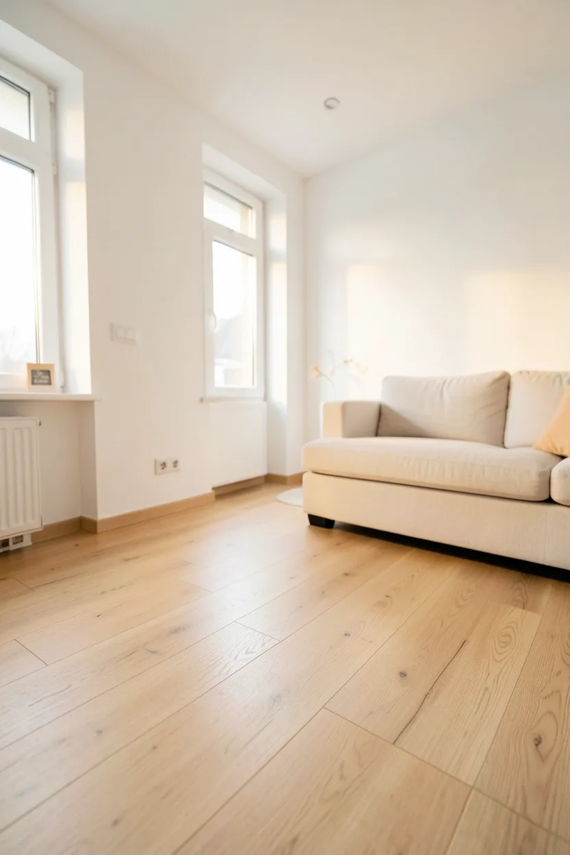 Light oak hardwood flooring in a bright Scandinavian apartment living room with white walls and minimal decor