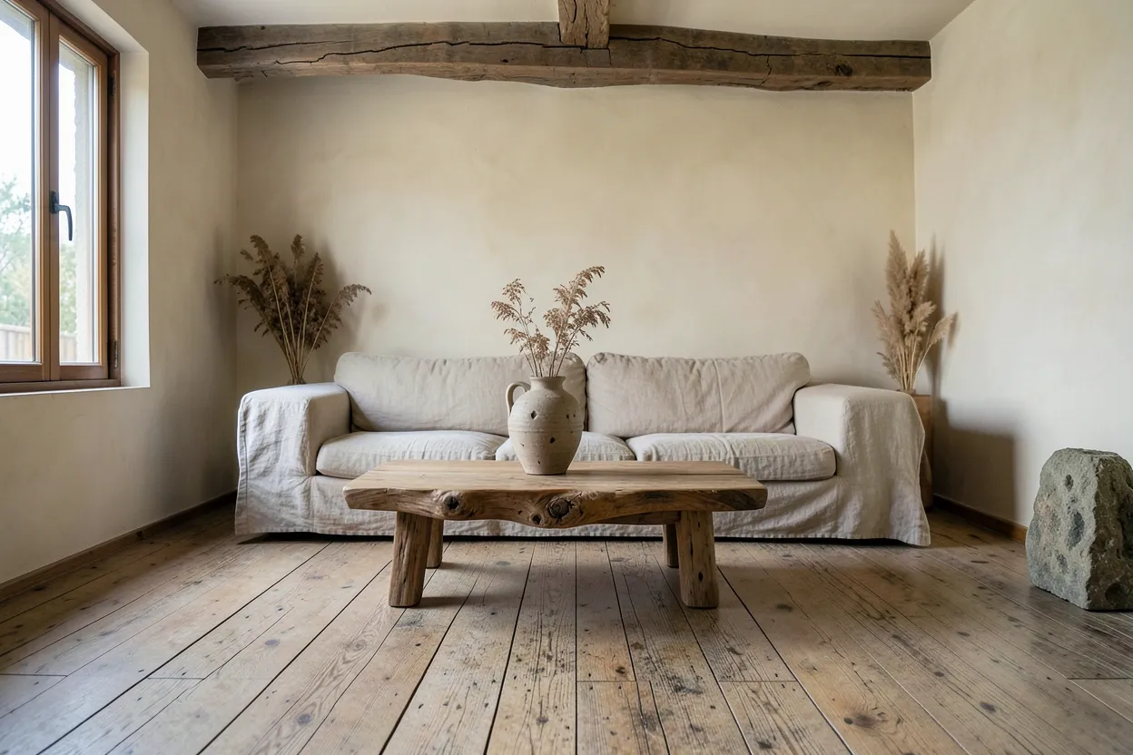 Wabi-sabi interior design living room with raw linen sofa, aged wood furniture, handmade ceramics, and muted earthy tones