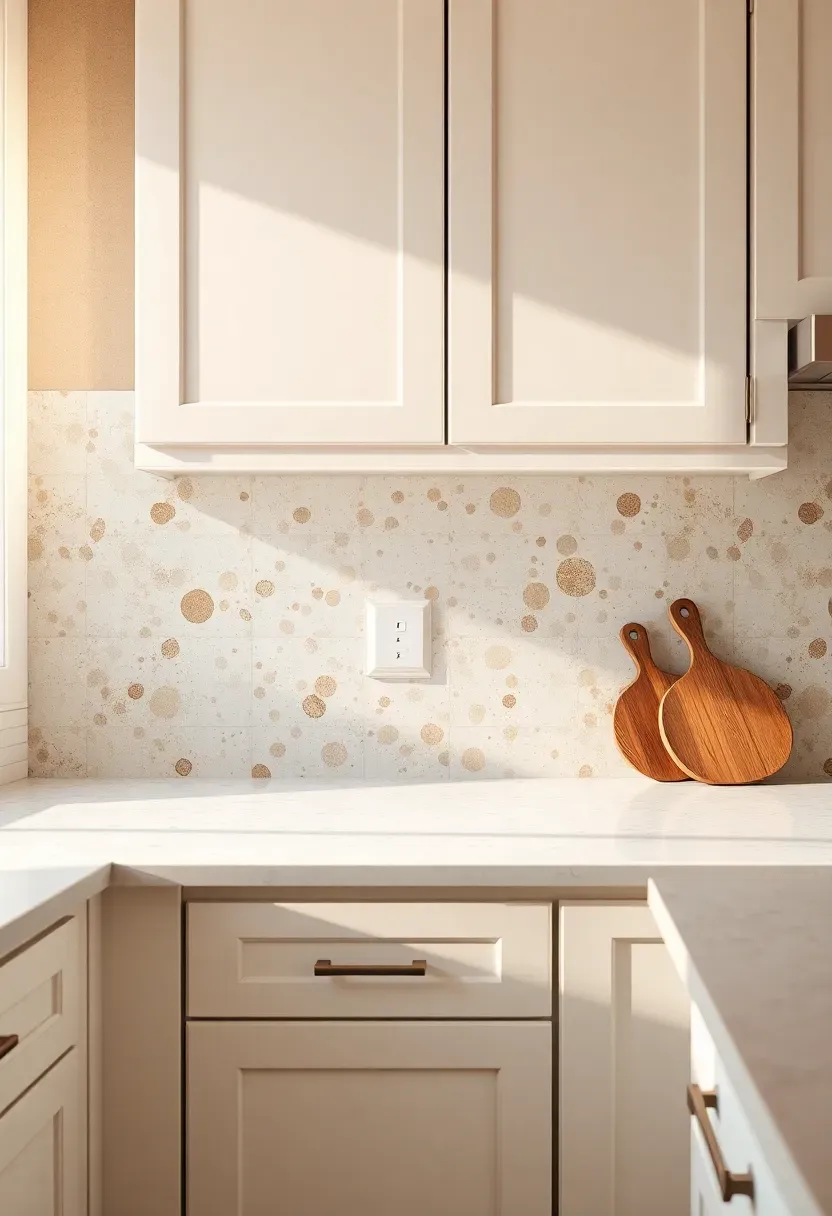 terrazzo slab backsplash with warm neutral chips of marble and quartz in a white kitchen with wooden cutting boards on counter