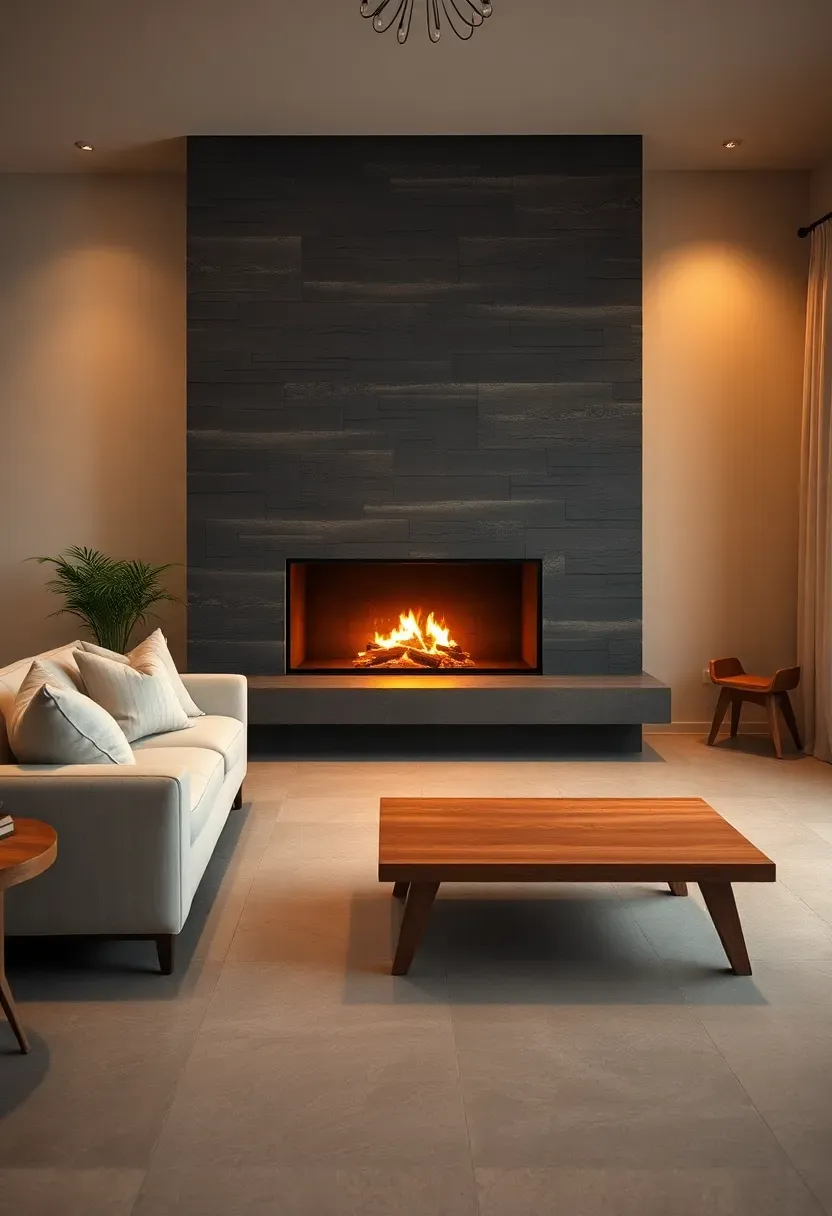 Hyper-realistic 3/4 view of modern living room with wide linear gas fireplace set into slate stone surround, smooth concrete hearth extending onto floor, cream linen sofa facing fireplace, low oak bench nearby, warm ambient lighting. Materials: slate stone, polished concrete, cream linen, light oak. Evening scene with fire glowing, creating warm focal point against cool stone and concrete. Cozy modern mood. Composition emphasizing fireplace as room anchor. Sharp details on stone texture and fire glow. No text, no logos, no watermarks.</p>