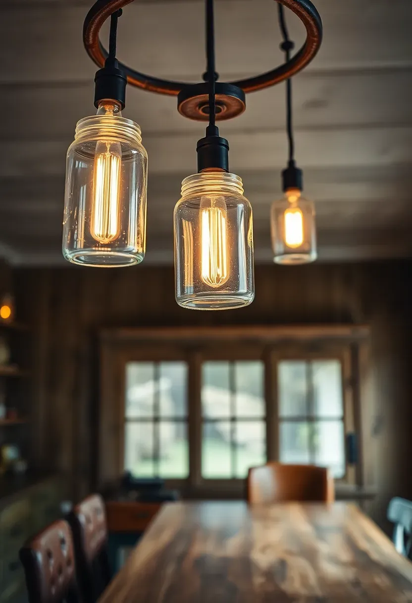 Hyper-realistic upward-angle view of vintage lighting fixtures in rustic tiny house. Mason jar pendant lights (3 jars) hanging at different heights, exposed filament bulbs, rusted metal canopy. Below: reclaimed wood dining table with leather chairs. Materials: clear mason jars, rusted iron hardware, warm Edison bulbs, barn wood table. Warm ambient light from fixtures creating cozy glow. Shallow depth of field showing jar details and filament bulbs. Vintage rustic lighting mood.</p>