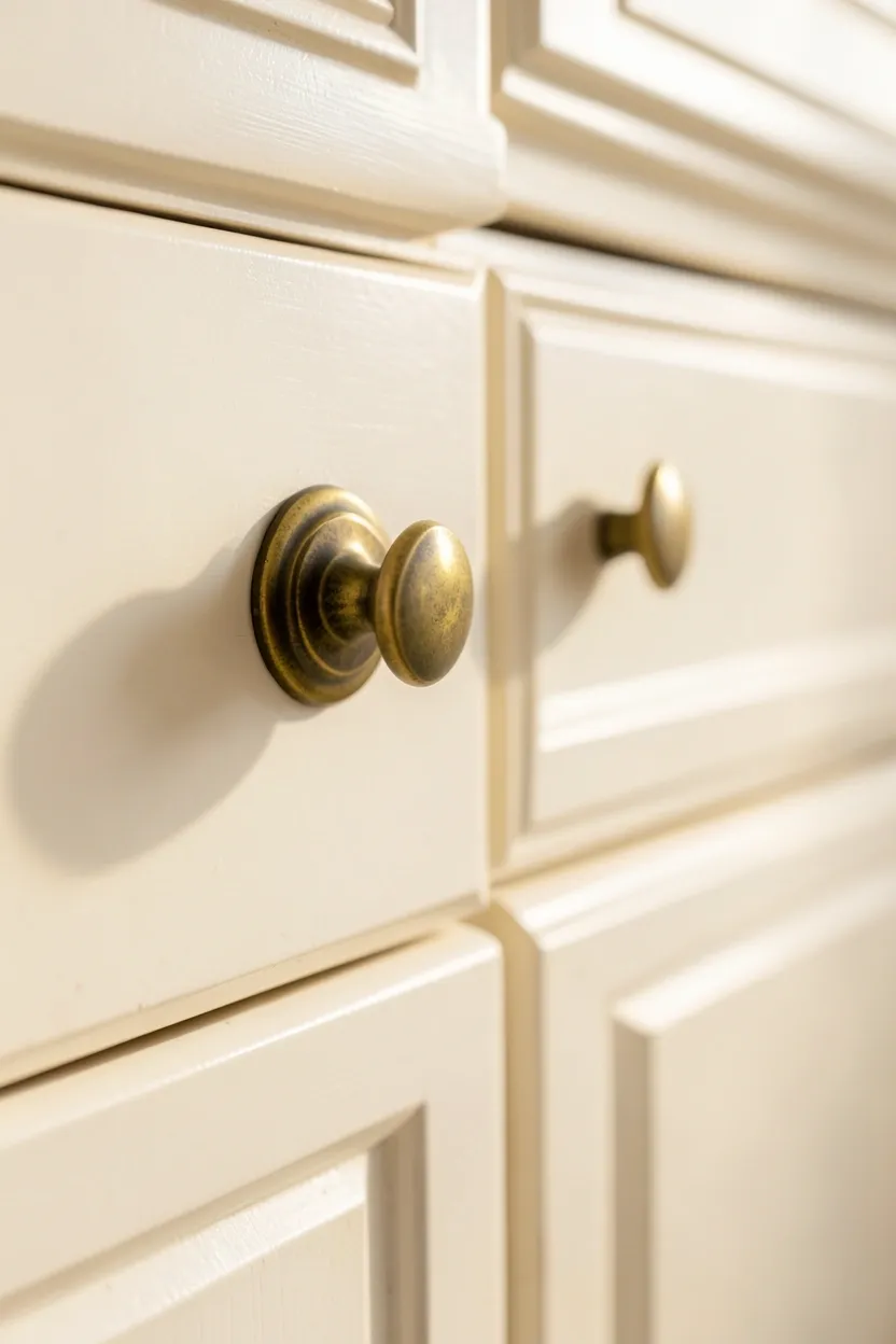 Antique unlacquered brass cabinet hardware with natural aging patina on white farmhouse kitchen cabinets
