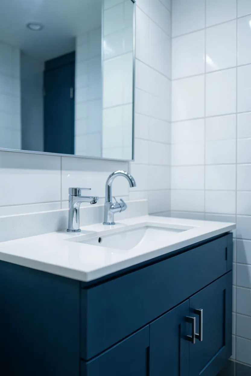 Cool rental bathroom with slate blue accent tiles, chrome fixtures, and white walls — sophisticated small apartment color idea