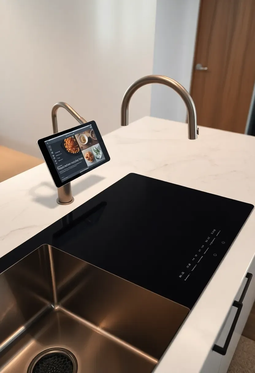 Sleek white kitchen with a dedicated voice-controlled cooking station: built-in tablet display, touchless faucet, and smart induction cooktop with digital controls