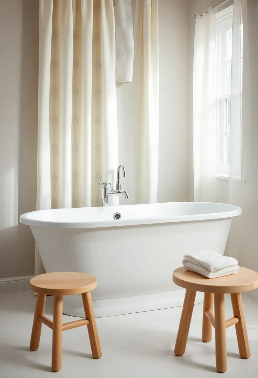 Hyper-realistic 3/4 view of white freestanding bathtub with floor-mounted faucet, window beside with pale linen curtain, light oak stool with folded towel. Materials: matte white enameled cast iron, brushed nickel faucet, pale linen curtain, white oak stool, white hex floor tiles. Warm soft diffused window light, creamy neutrals with soft textile texture. Serene ritual mood, shallow depth of field with sharp tub edge detail, balanced minimalist composition with window. No text.</p>