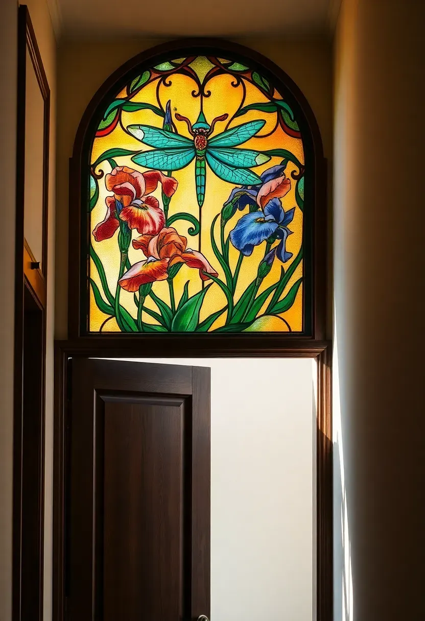 Stained glass transom window in Art Nouveau style with dragonfly and floral pattern