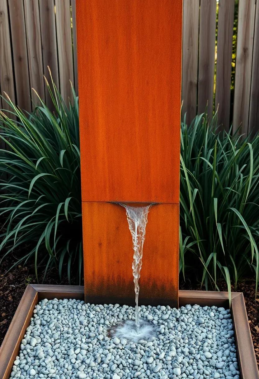 A tall corten steel blade waterfall with a thin sheet of water flowing down its rusted surface into a gravel basin