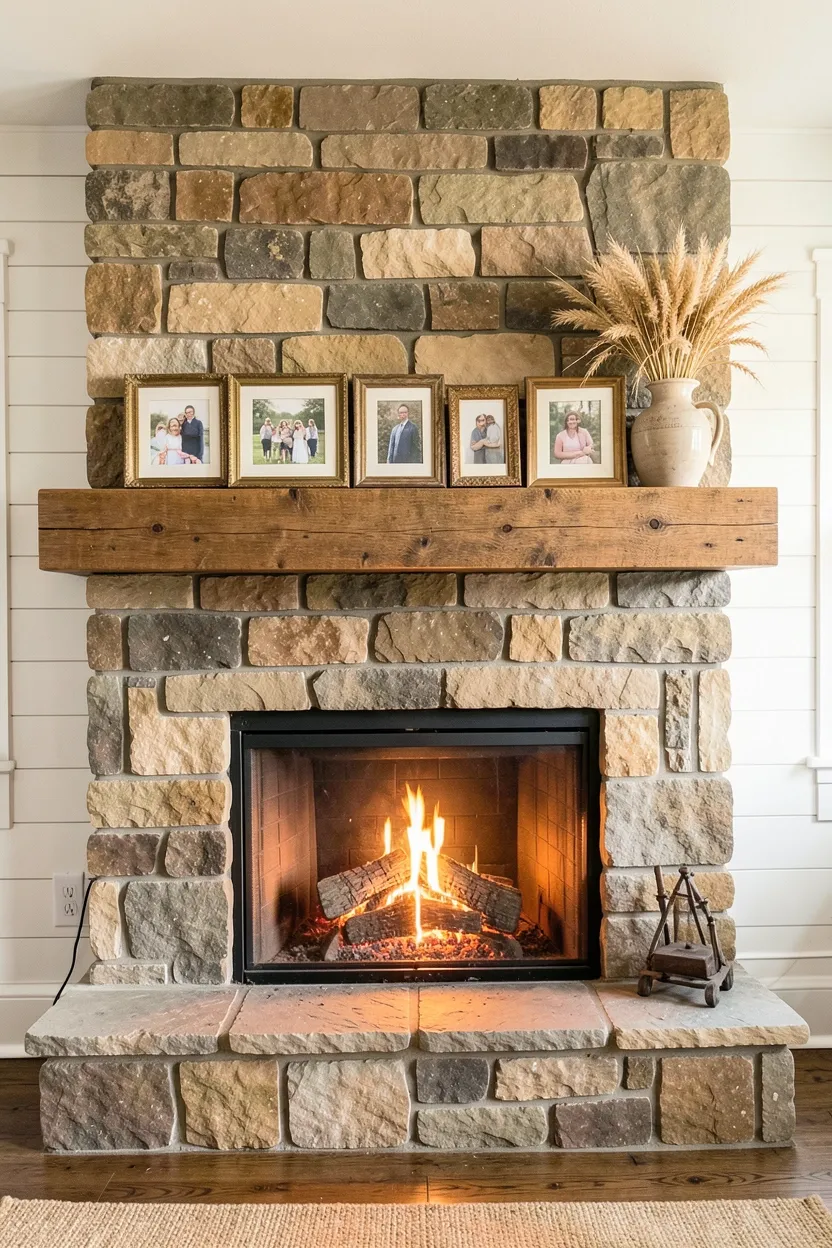 Stone fireplace with rustic wood mantel displaying vintage decor in a warm farmhouse living room
