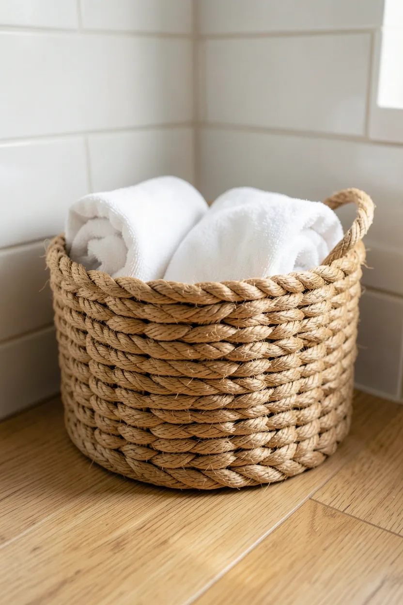 Natural jute rope baskets holding rolled towels near a farmhouse bathroom tub with warm neutral tones