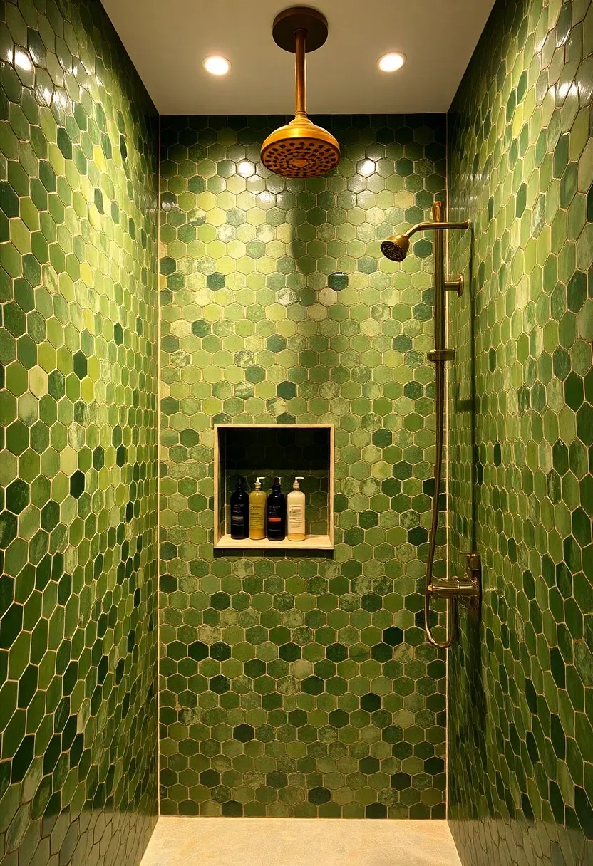 Walk-in shower with mossy green zellige tiles, brass rain shower head, and recessed niche