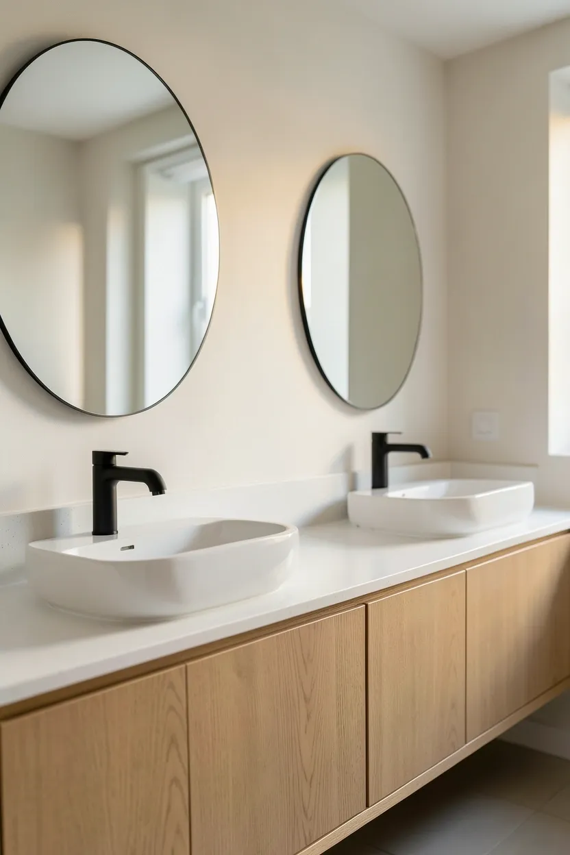 Double vanity with two undermount sinks, brushed nickel faucets, and quartz countertop in a shared modern bathroom