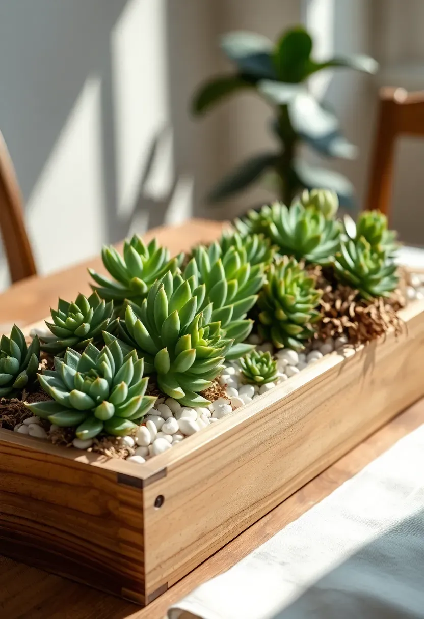 miniature succulent garden in a low wooden planter box with moss and pebbles as a baby shower centerpiece