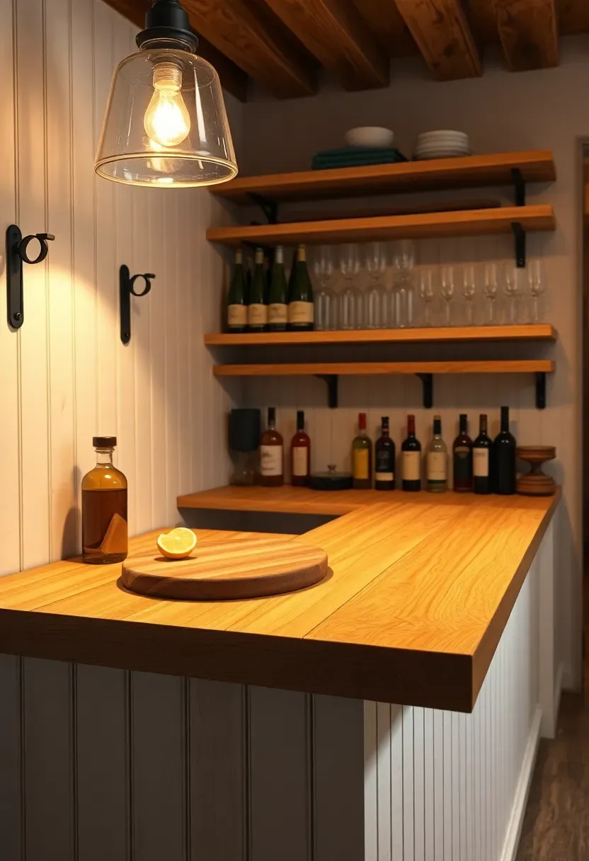 Farmhouse basement bar with thick butcher block countertop, white beadboard front panel, open wood shelving, and iron bracket details