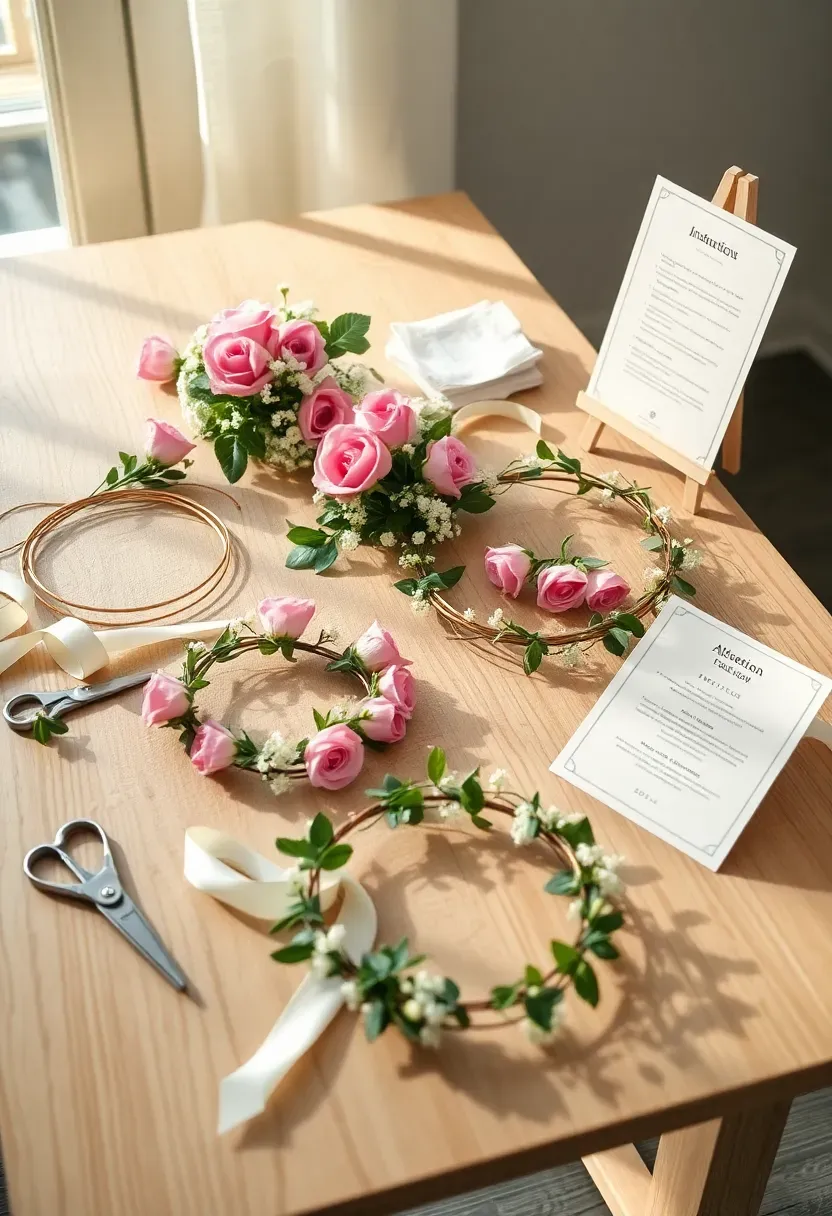baby in bloom flower crown making station with fresh flowers ribbons and greenery
