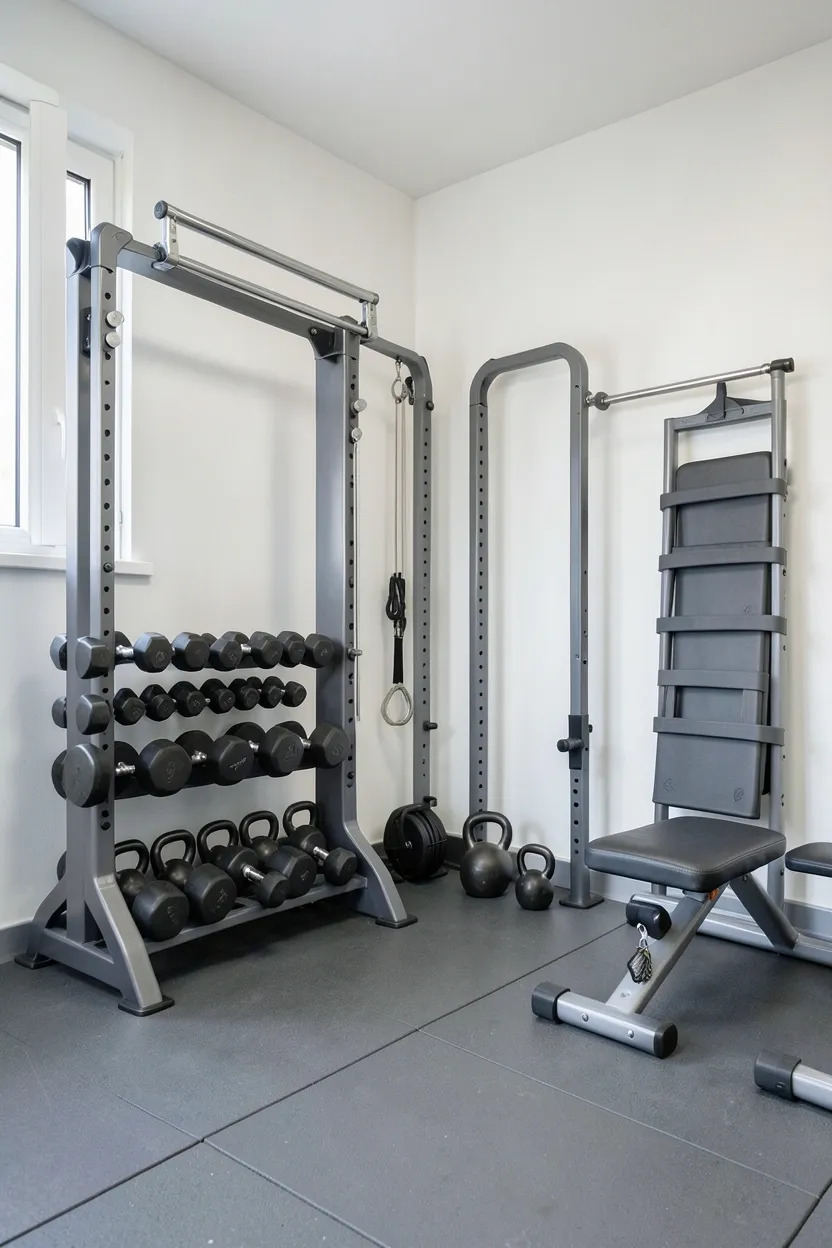 Compact free weights station in a small gym room with adjustable dumbbells, kettlebells on vertical wall-mounted rack, and folding bench stored upright