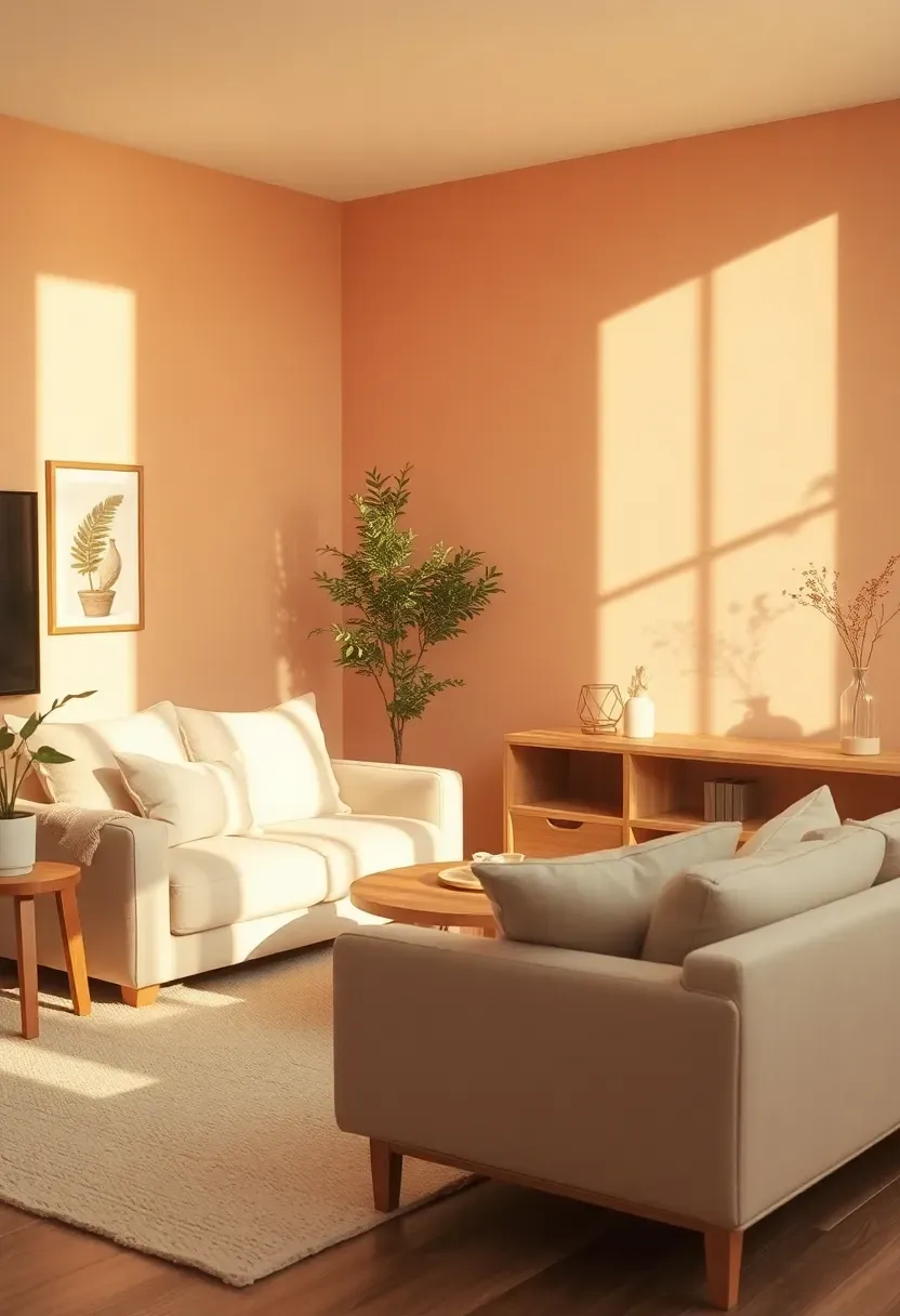 Hyper-realistic 3/4 view of a minimalist living room with soft peach blush walls, cream sofa, light rug, wood accents. Materials: matte peach paint, cream linen, wool rug, white oak wood. Warm golden light, romantic peach shadows. Shallow depth of field, cozy minimalist composition. No text, no logos, no watermarks.</p>