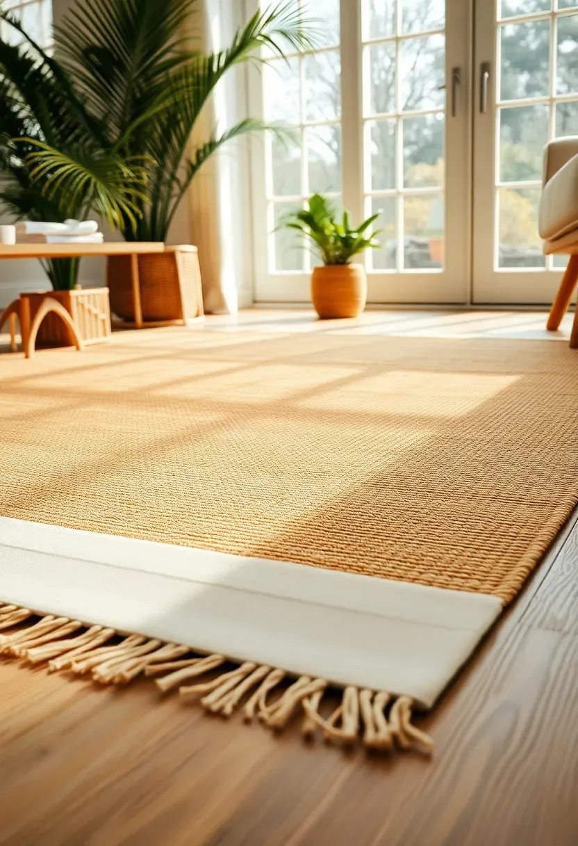 Large rectangular woven jute rug with a cream cotton border laid under a rattan coffee table in a sunlit sunroom with potted palms nearby