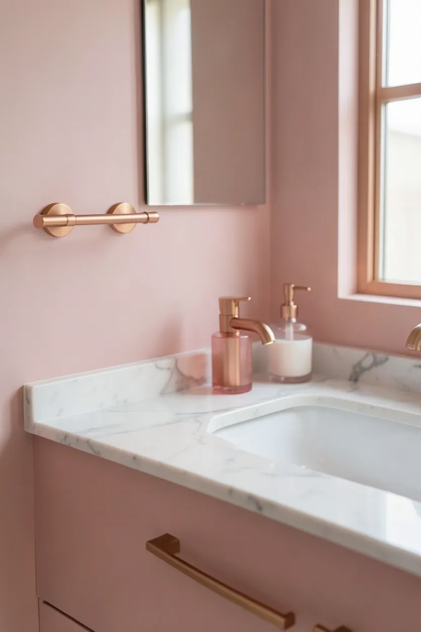 Rose gold towel bar, cabinet pulls, and faucet accents in a white rental bathroom with blush pink decor