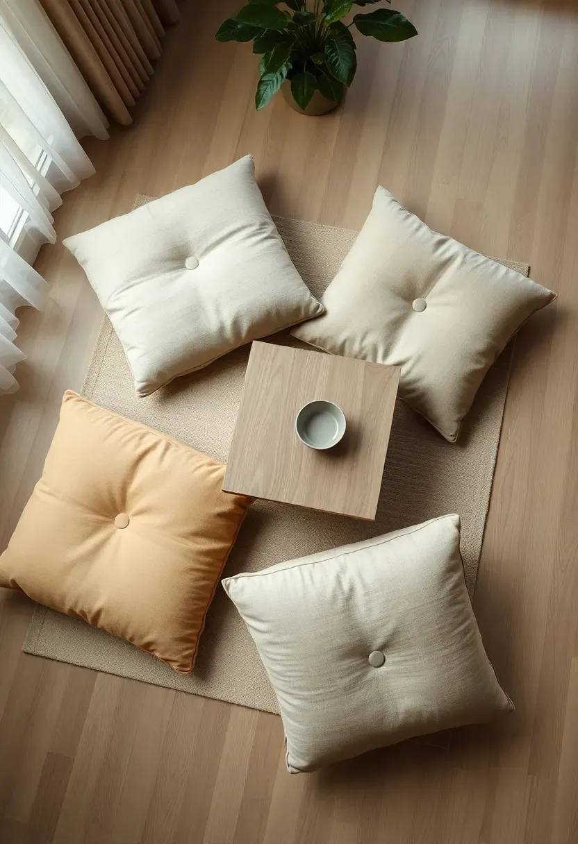Hyper-realistic 3/4 view from above of floor cushions arranged on light wood floor in Japandi living room: four large square floor cushions in varying neutral tones—cream linen, tan canvas, beige wool—some stacked, some scattered around low rectangular wooden coffee table with small ceramic bowl. Materials: linen weave texture, canvas fabric, wool felt, light oak wood, matte ceramic. Soft diffused natural light from window side, gentle shadows around cushions. Casual flexible mood. Sharp focus on cushion fabric textures, overhead composition, visible room context with plant pot in corner. No text, no logos, no watermarks.</p>