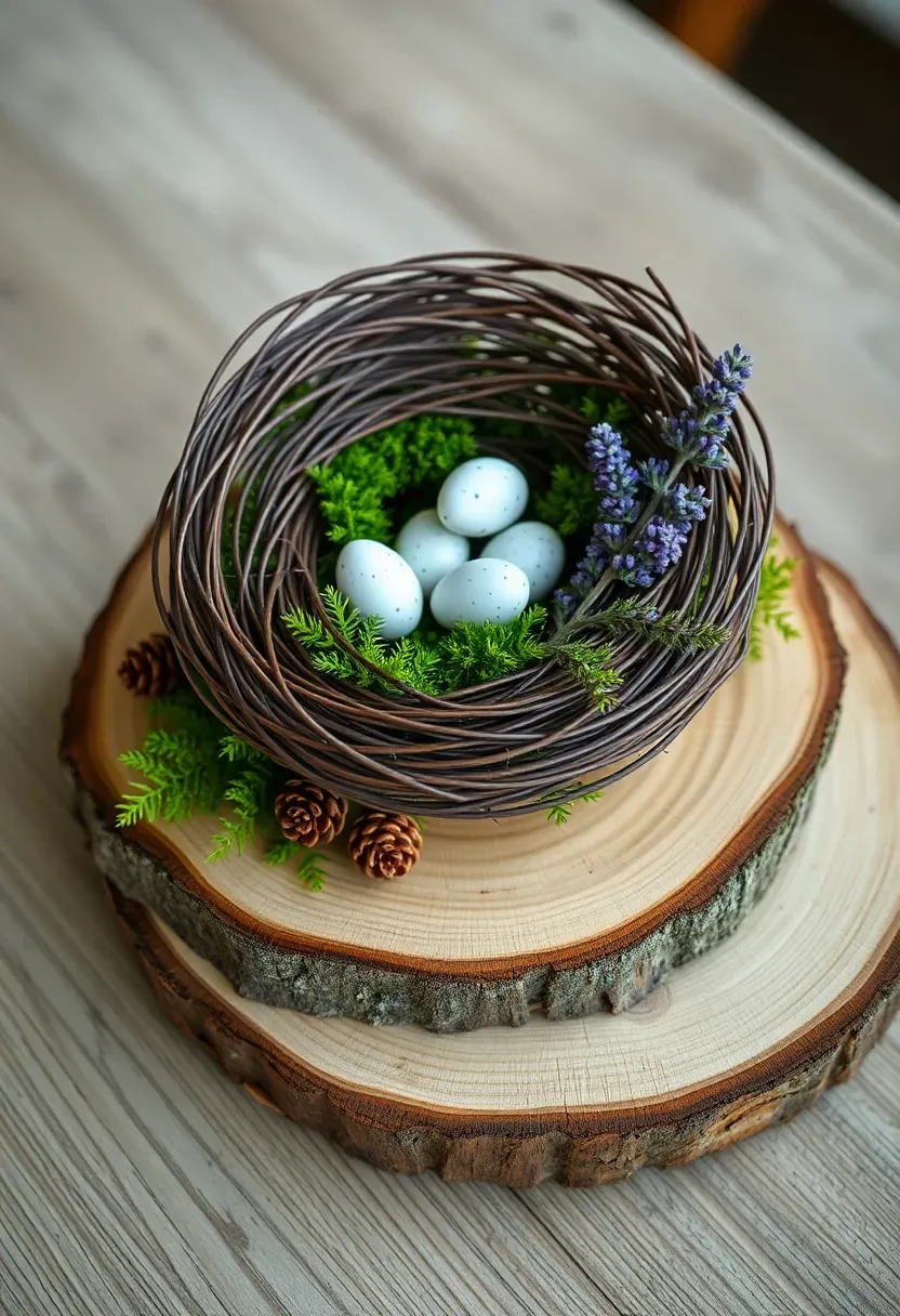woodland bird nest centerpiece with moss twigs miniature eggs and fern fronds on a natural wood slice at a baby shower