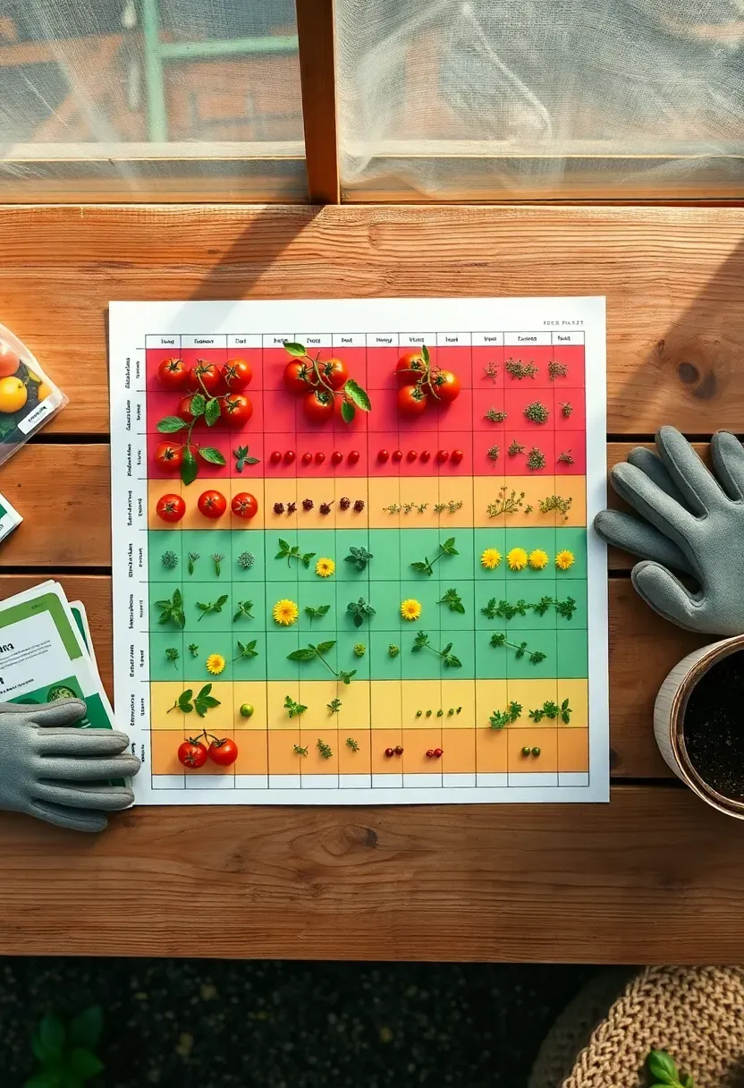 Top-down garden planner grid showing vegetable bed layout with labeled rows of tomatoes, peppers, herbs, and companion plants