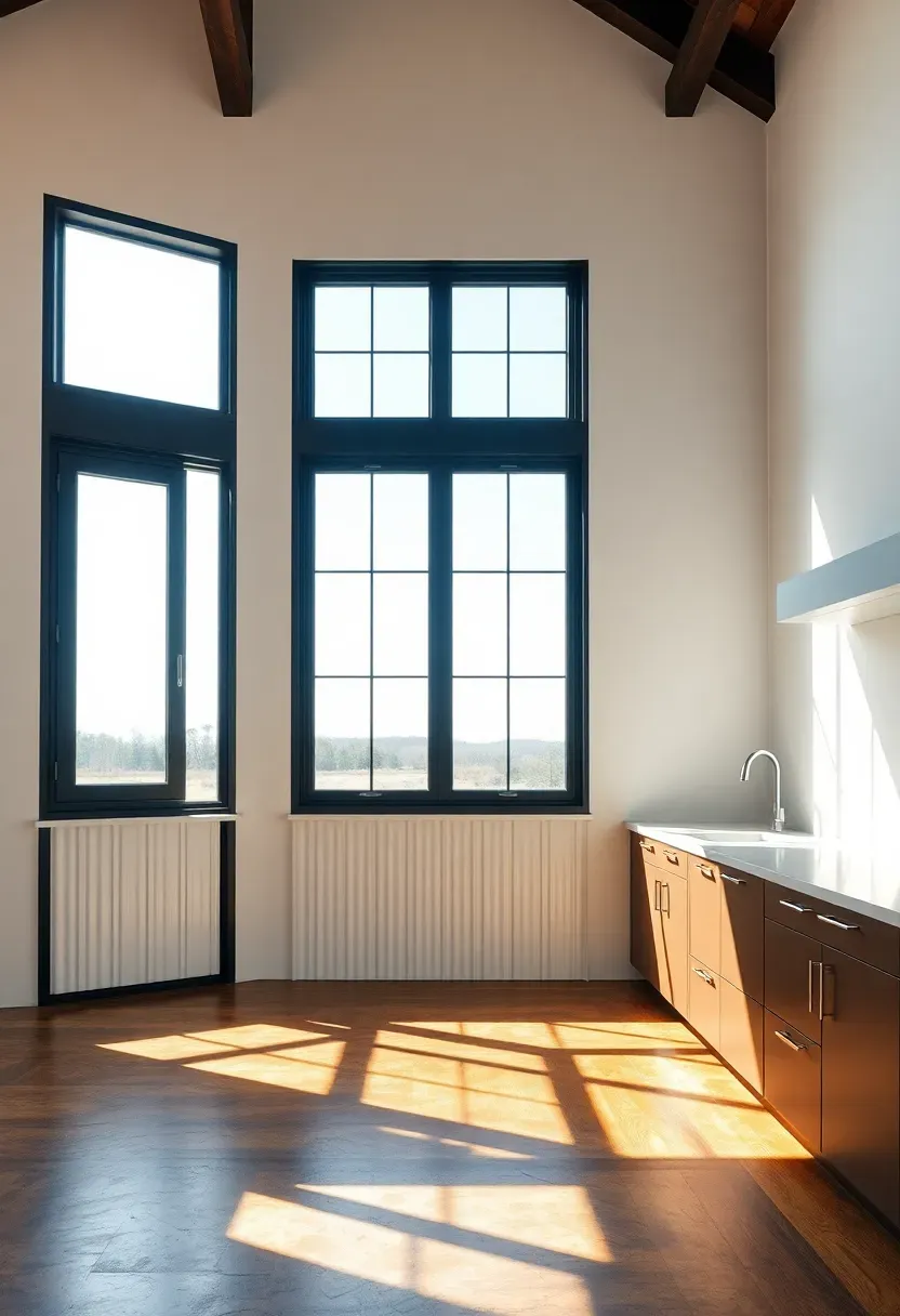 tall black steel frame windows in a barndominium kitchen flooding the space with natural light