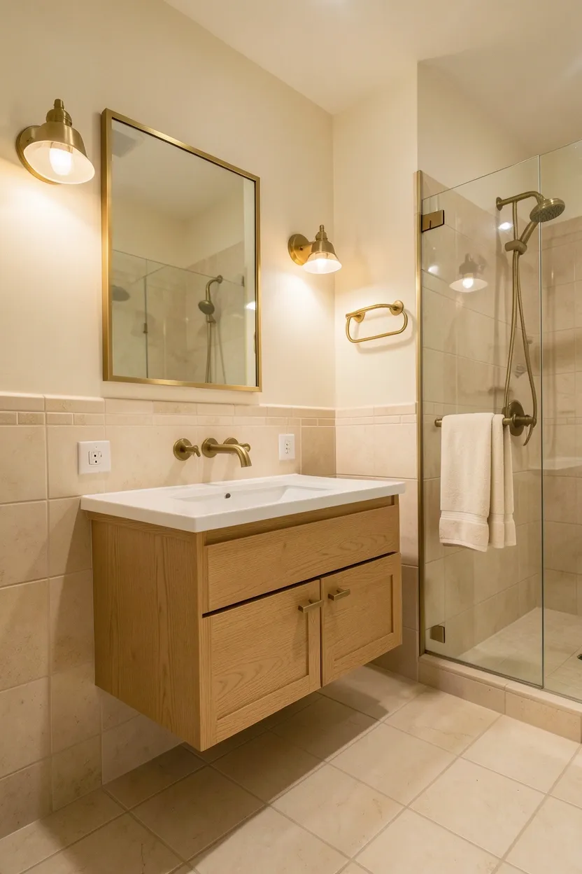 Hyper-realistic 3/4 view of a bathroom with warm brass fixture details throughout. Large format warm cream tiles on floor and lower walls. Light oak floating vanity with warm brass wall-mounted faucet and brass cabinet pulls. Brass towel bar holds cream towels. Brass shower head visible through glass enclosure. Brass sconces flank mirror with brass frame. Warm ambient lighting highlights brass's golden glow. Neutral cream walls above tile line. Clean surfaces. No text, no logos, no watermarks.</p>