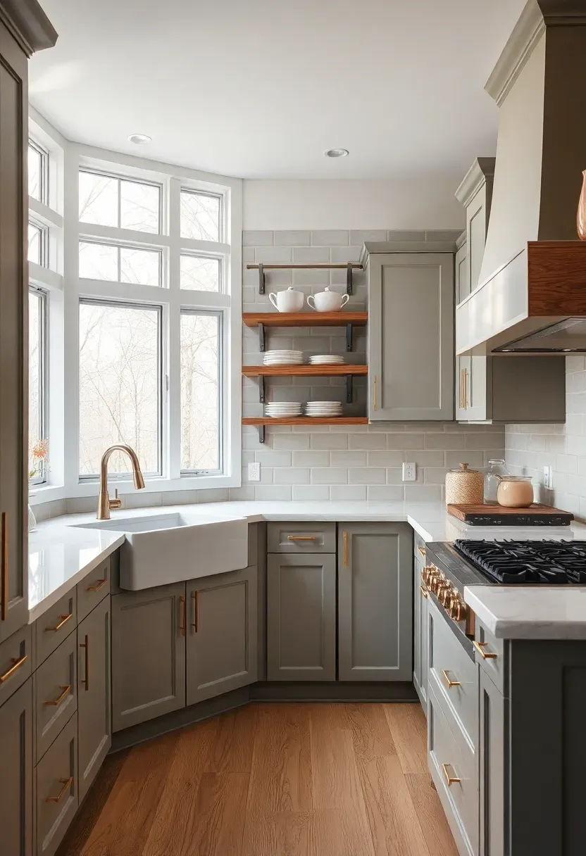 Hyper-realistic 3/4 view of a neutral kitchen with soft warm gray cabinetry and natural wood accents. Materials: gray painted cabinets with taupe undertones, walnut open shelving, white oak flooring, warm white quartz countertops, brass hardware, warm gray subway tile backsplash. Natural light from multiple windows, warm LED under-cabinet lighting. Visible floating wood shelves with ceramic dishware and warm gray range hood. Sophisticated calm mood with warm wood accents. Shallow depth of field, sharp cabinet details, visible wood grain. No text, no logos, no watermarks.</p>